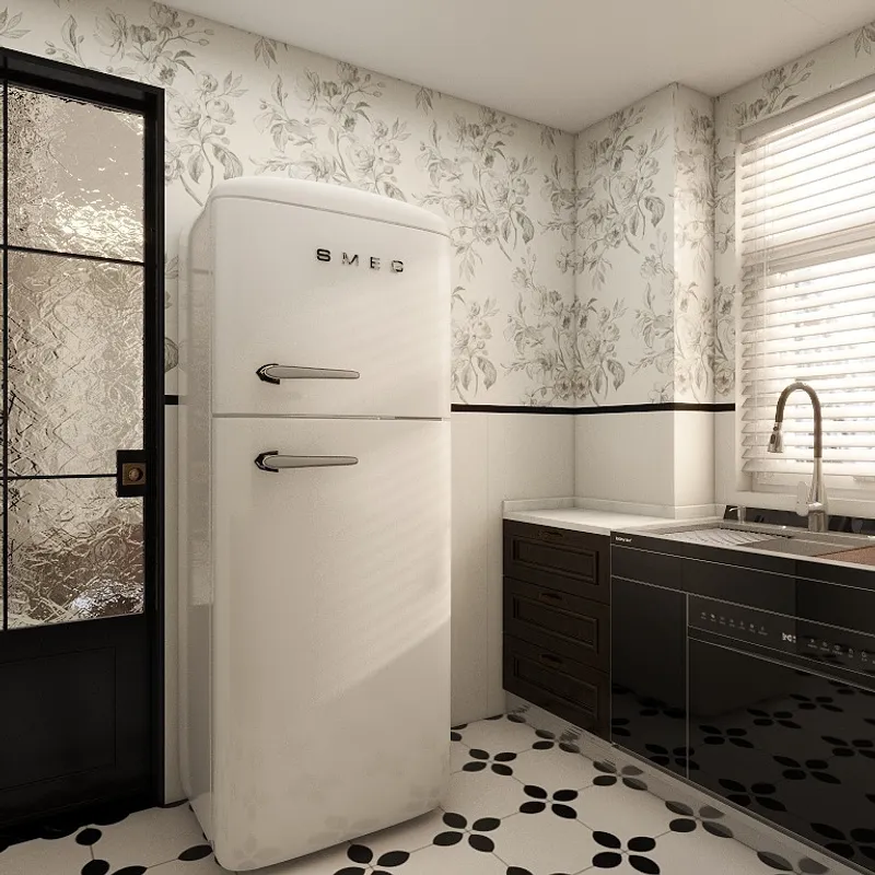 White retro fridge in kitchen with floral wallpaper, black cabinets, window blinds, and patterned floor