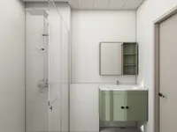 Minimalist bathroom design with green wall cabinet, white tiled walls, shower head, and modern washbasin.