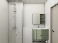 Clean white bathroom featuring glass shower, green floating sink cabinet, mirror, and simple light door.