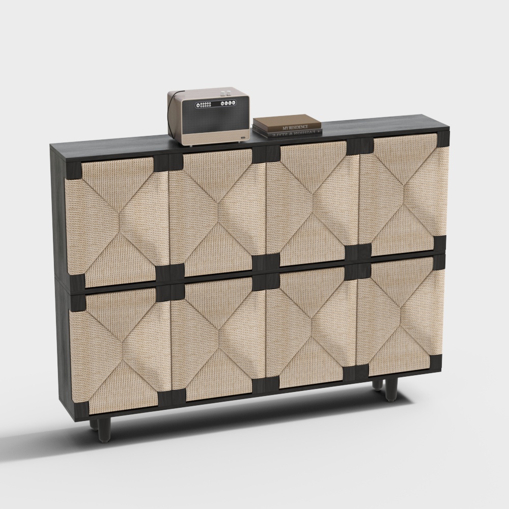 Geometric Woven Storage Cabinet – Modern Wood and Metal