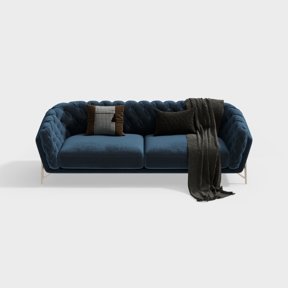 Elegant Navy Blue Sofa 3D Model – Velvet & Gold Finish