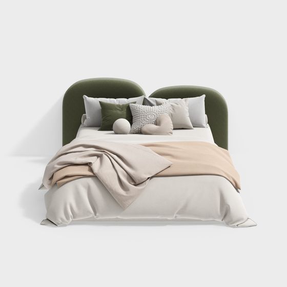 Modern Minimalist Bedroom Fabric Double Bed 3D Model in Green