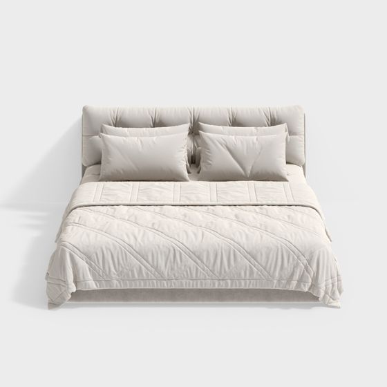 Modern Cream-Style Double Bed 3D Model in Beige