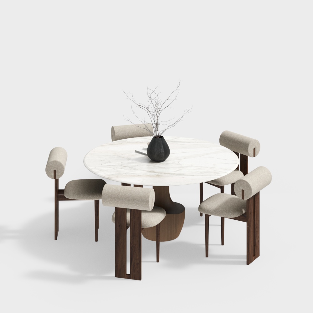 Elegant Low-Poly Dining Table and Chair Set – Marble & Wood
