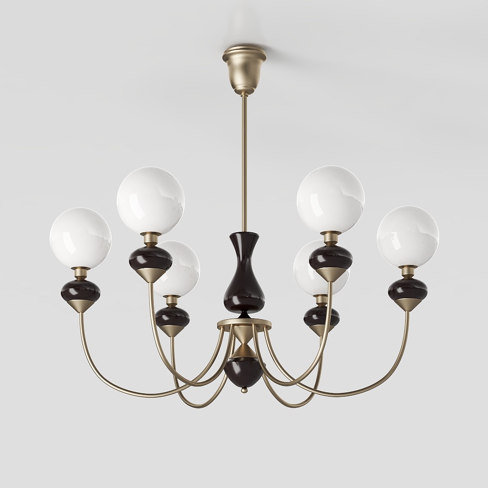Modern Chandelier 3D Model – Gold Frame Globe Lights