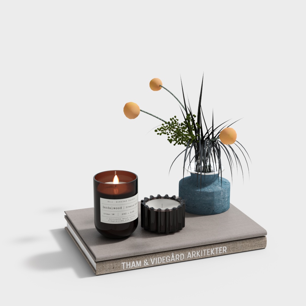 Books, candlesticks, green plants