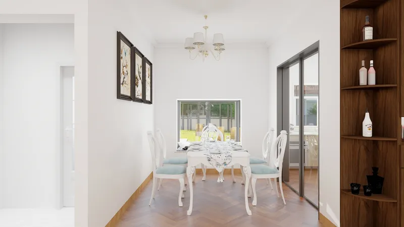 Elegant white dining set with blue cushions, wood floor, wall art and a ceiling light