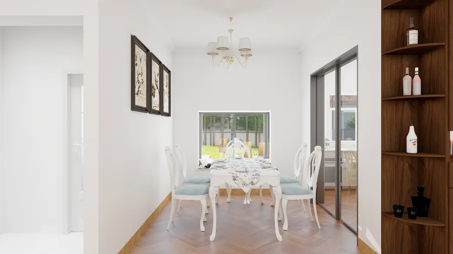 Elegant white dining set with blue cushions, wood floor, wall art and a ceiling light