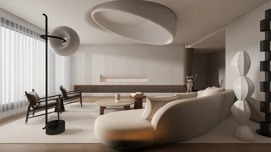 Modern living room interior design drawing with cream sofa wooden chairs and round coffee table