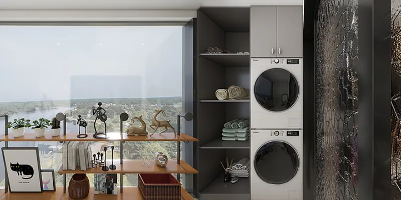 Stacked washing machine and dryer next to cabinets and shelves on balcony with window view