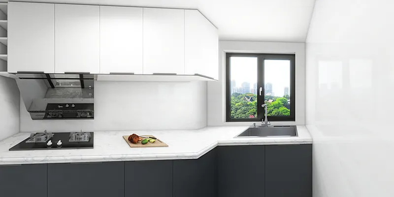 Modern kitchen interior design drawing with white upper cabinets black lower cabinets sink and window