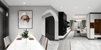 Open room layout interior design drawing showing dining area, living room, sofa and marble floors