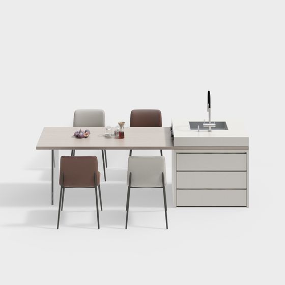 Modern Dining Table and Chair Combination 3D Model in Beige