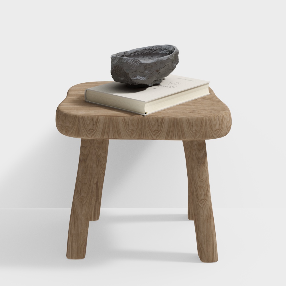 Natural Wood Stool 3D Model – Minimalist Wood & Stone