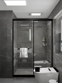 Grey marble bathroom featuring a glass shower door, white toilet, ceiling light, and window blinds
