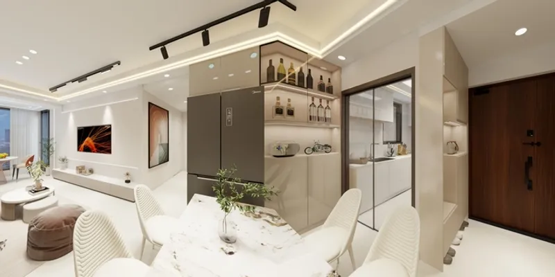 Modern dining room featuring marble table white chairs black fridge wine cabinet and black lights