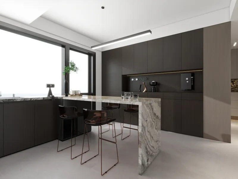Modern kitchen with dark grey cabinets, marble island, bar stools, ceiling light, and large window