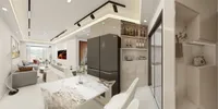 Open plan living area showing marble dining table grey sofa floor lamp and beige cabinet