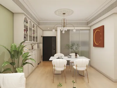Modern Minimalist Dining Room with Green Accents
