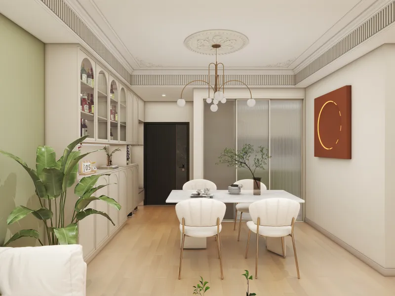 Cream dining room with marble table white chairs ceiling light wood floor and green plant