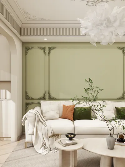 Neoclassical Living Room with Creamy Green Tones