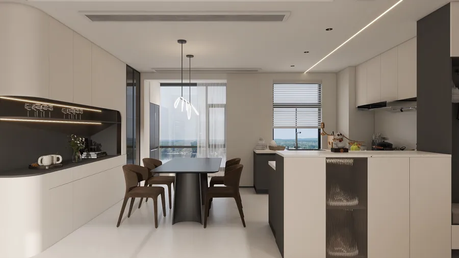 Modern open plan kitchen and dining room with black table, brown chairs, and white cabinets