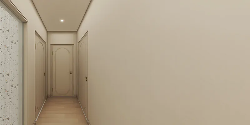 Minimalist beige hallway design with several wooden doors light wood floor and small ceiling light