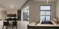 Modern kitchen and dining space with black table chairs wavy ceiling light sink and cabinets