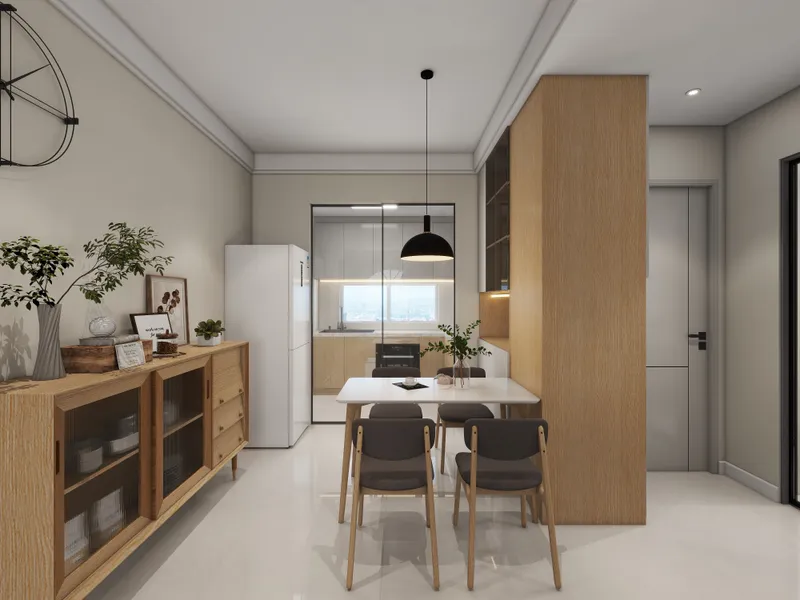 Modern dining room with wooden cabinet white table grey chairs and kitchen in the background