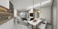 Modern open plan living room with white sofa wooden cabinet marble table and light fixture