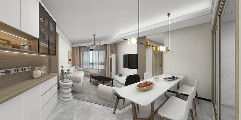 Modern open plan living room with white sofa wooden cabinet marble table and light fixture