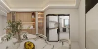 Modern dining room with marble table, yellow lemons, white kitchen cabinets, and black kitchen oven