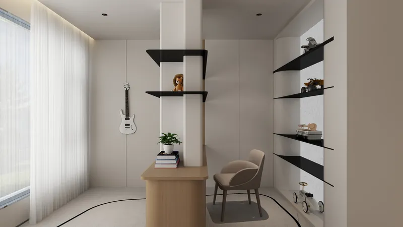 Modern study room with wooden desk beige chair white guitar on wall and black shelves