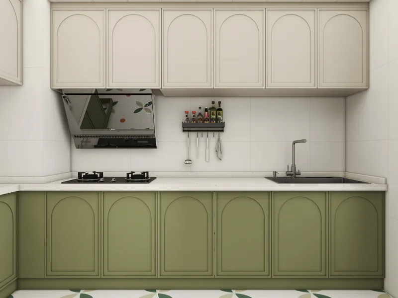 Interior design drawing of modern kitchen with olive green lower cabinets and cream upper cabinets