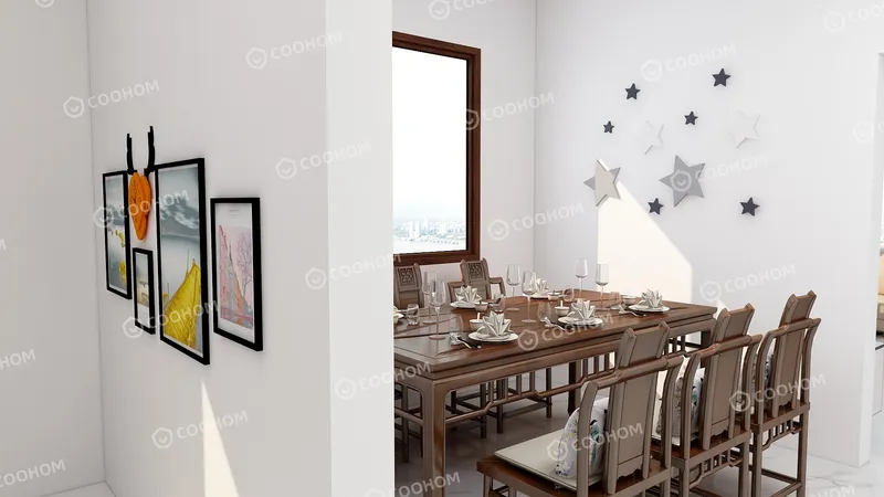 Wooden dining table set against white wall with star stickers and framed art near window