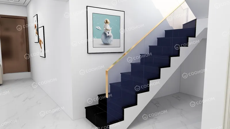 Modern staircase with dark blue steps gold handrail white walls framed art and marble floor