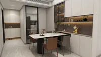 Modern dining room featuring marble table with leather chairs and white cabinets with glass door