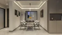 Modern dining room featuring a black table, four chairs, wall art, and warm ceiling light