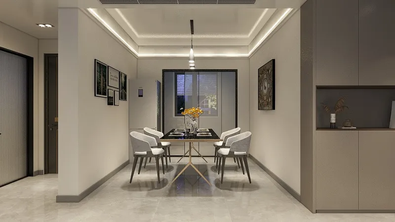 Modern dining room featuring a black table, four chairs, wall art, and warm ceiling light
