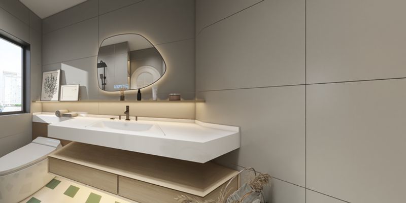Modern Minimalist Bathroom with Geometric Mirror