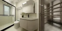 Modern bathroom interior with white toilet beige cabinet glass shower door black faucet and flowers