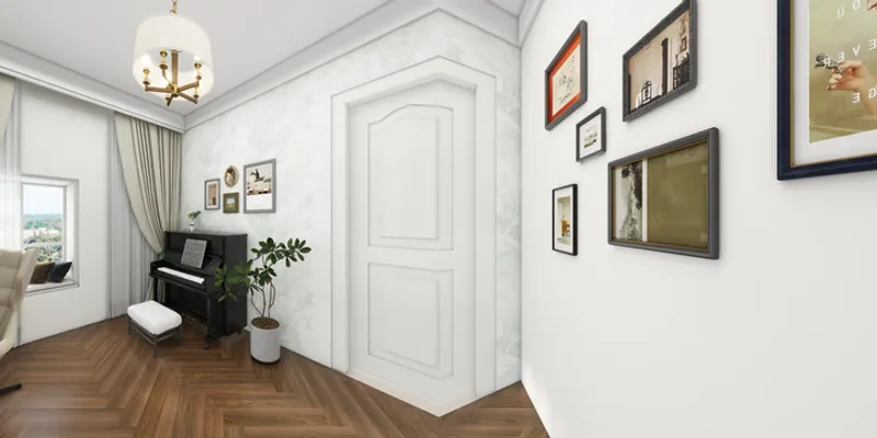 Black piano green plant white door wooden floor white wall pictures and gold ceiling light