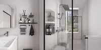 Modern bathroom with white sink black shower head glass door wall shelf and small window