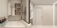 Minimalist bathroom vanity area with white sink glass wall panel shelving unit and white door
