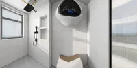 White tiled bathroom featuring black shower head and round wall mounted water heater above toilet