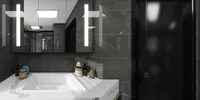 Modern bathroom vanity area with white sink, marble countertop, grey tile walls, mirror, and black door