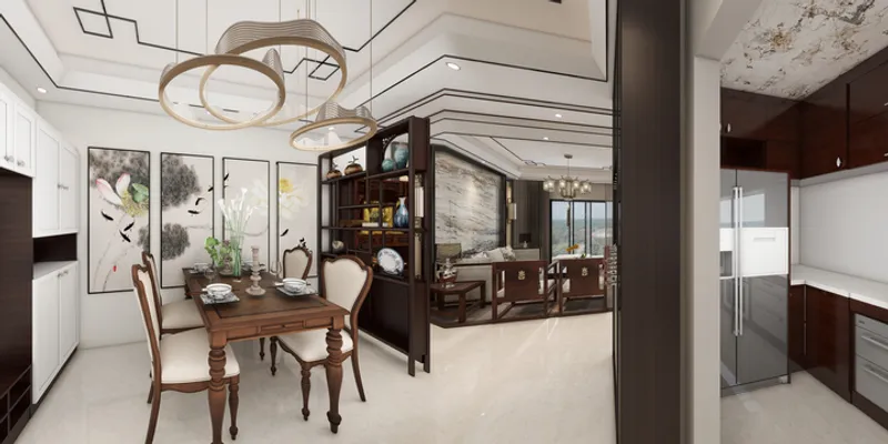 Wooden dining table with white chairs plus gold ring ceiling light and brown kitchen cabinets