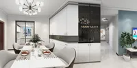 Dining room interior featuring marble table, white storage cabinets, wine storage, and a bright hallway