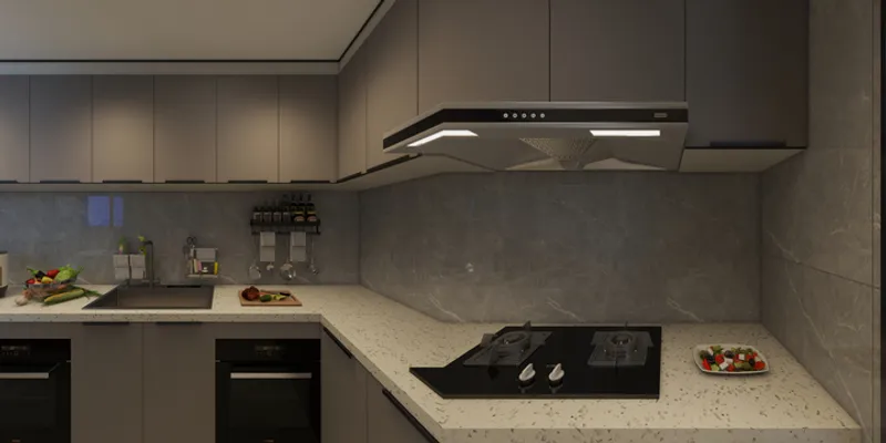 Modern kitchen with grey cabinets white speckled countertop gas stove sink and black light fixture