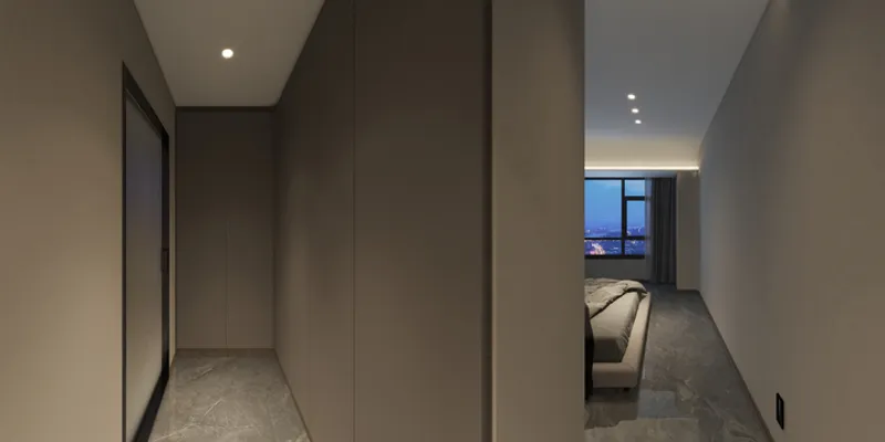 Modern hallway showing minimalist bedroom with gray wall panels, marble floor, bed, and city window
